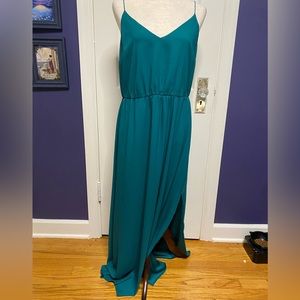 Ann Taylor LOFT green maxi dress, petite 12P, leg slit, spaghetti strap